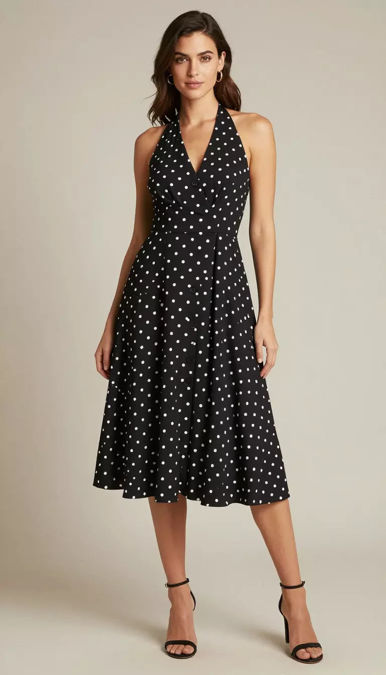 A beautiful American woman in a black halter-neck midi dress with white polka dots, a full skirt, a button front, and black strappy heels.