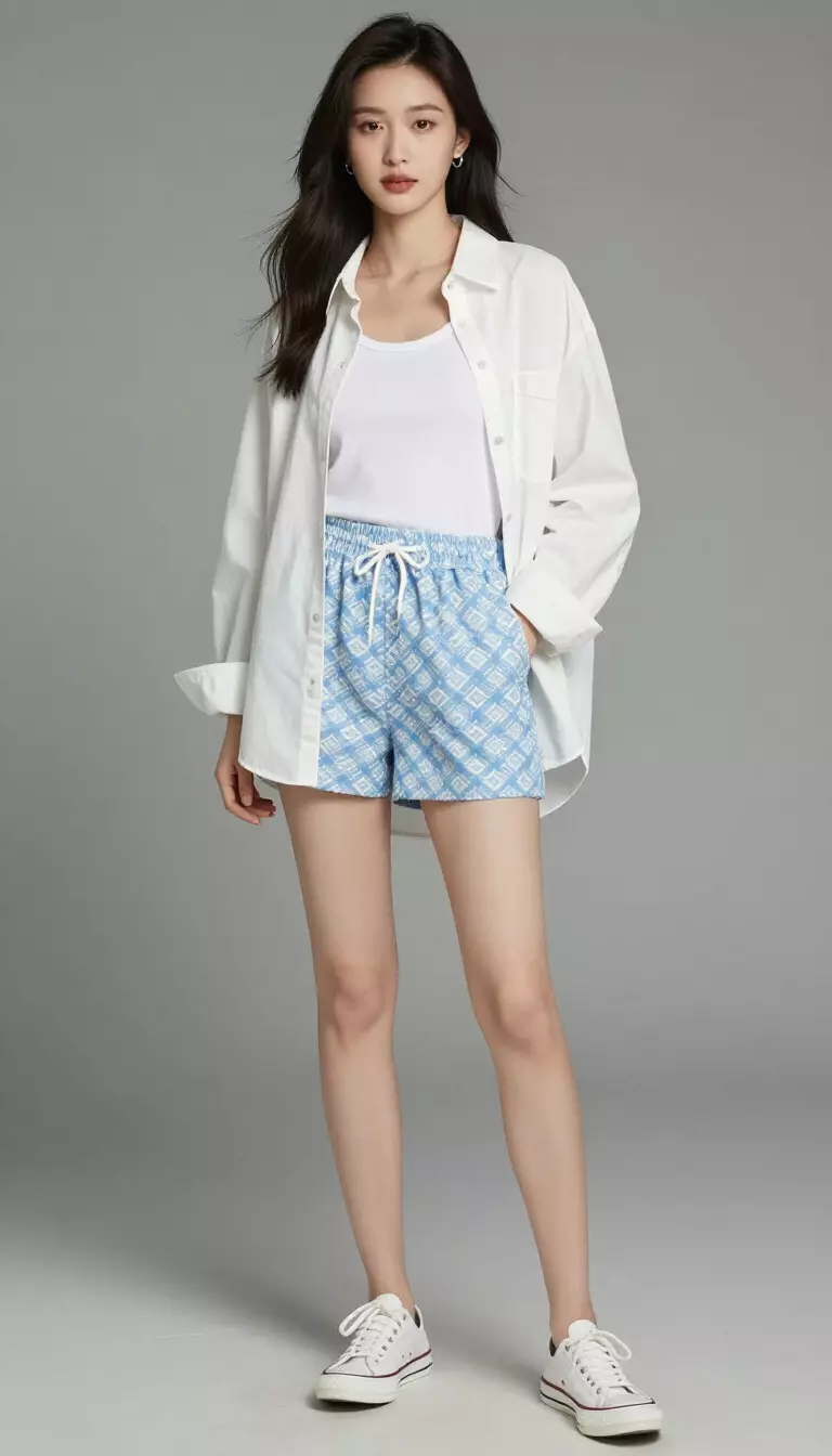 A beautiful woman in a white tank top, light blue and white patterned shorts, an oversized white button-up shirt, and white canvas sneakers.
