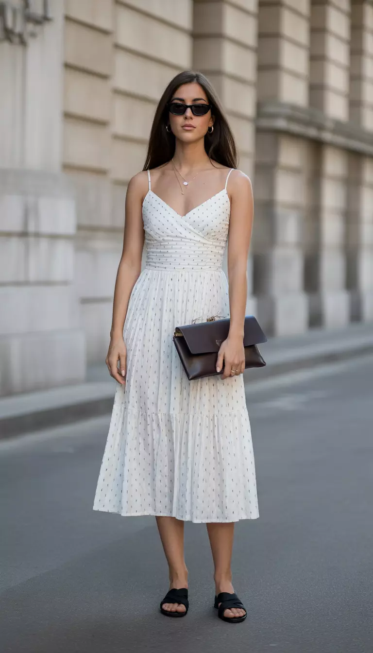 A beautiful woman in a white midi dress with black polka dots, thin spaghetti straps, a dark leather purse, black sunglasses, and black flat sandals.