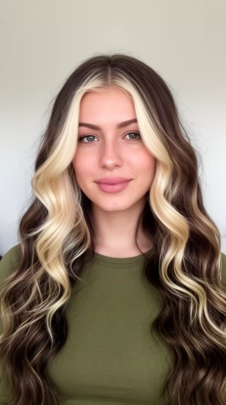 casual close-up photo of a 25-year-old woman wearing an olive green top with a Bright Blonde Face-Framing Brunette colored long wavy hairstyle, front view, minimal background