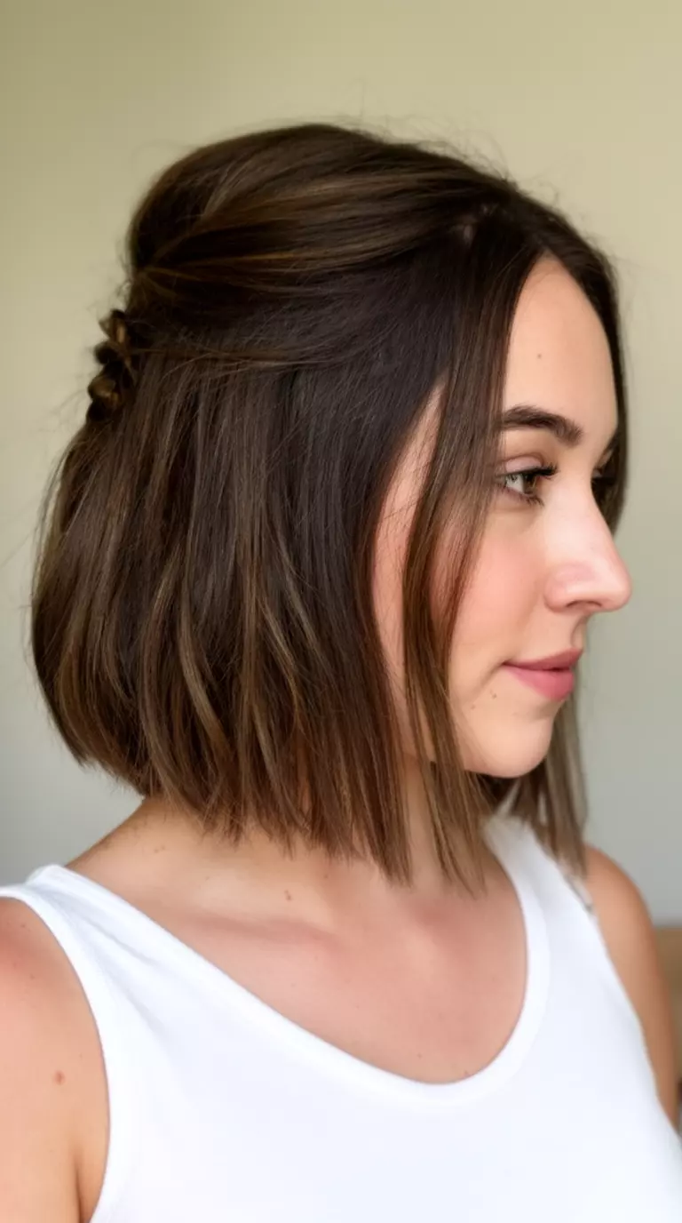 casual close-up photo of a 26-year-old woman wearing a white top with a Honey Dipped Brunette colored mid-length half-up hairstyle, side profile view, minimal background