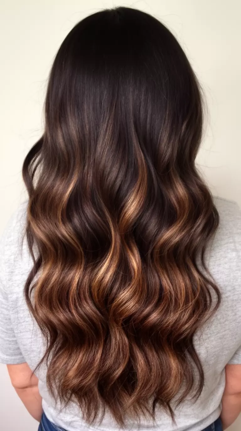 casual close-up photo of a 28-year-old woman wearing a casual top with a Dark Roast Brunette colored long wavy hairstyle with highlights, back view, minimal background