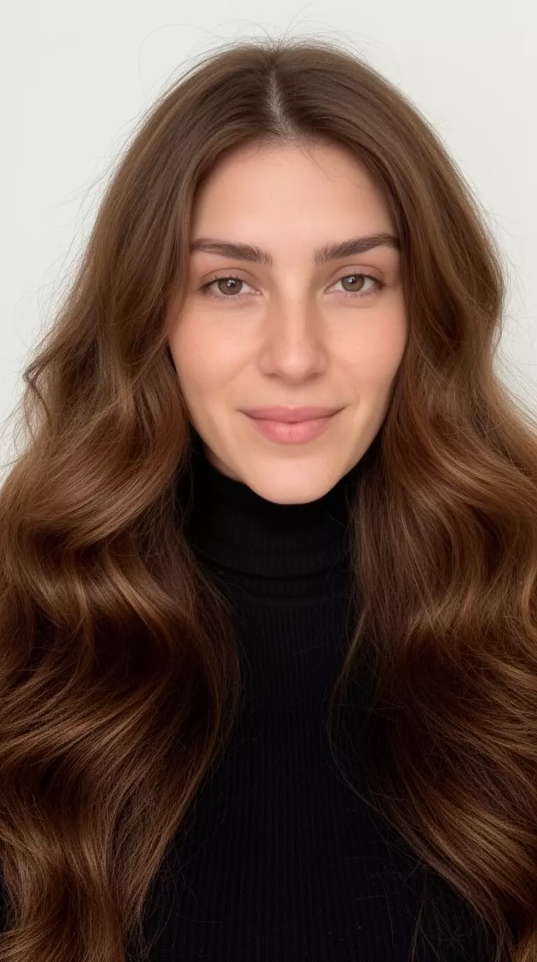 casual close-up photo of a 33-year-old woman wearing a black turtleneck with a Voluminous Cocoa Bean colored long brown hairstyle, front view, minimal background