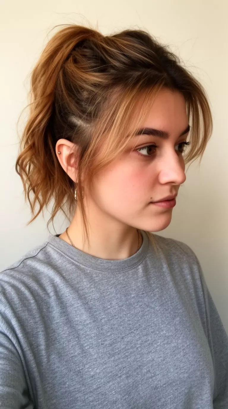 casual close-up photo of a 23-year-old woman wearing a casual top with a Honey Brunette colored half-up ponytail hairstyle, side profile view, minimal background