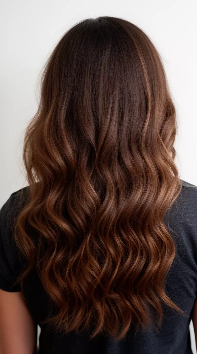 casual close-up photo of a 27-year-old woman wearing a dark top with a Espresso Martini Brunette colored long wavy hairstyle, back view, minimal background