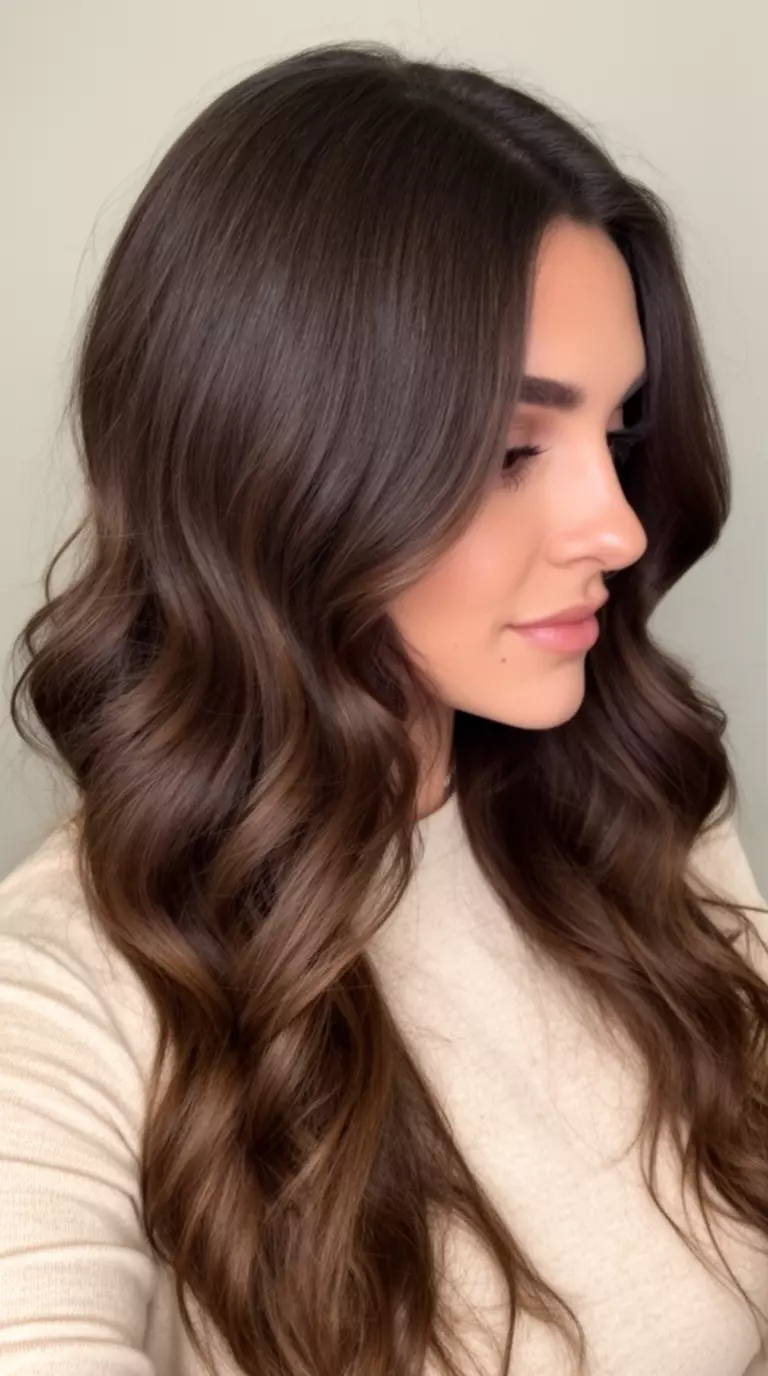 casual close-up photo of a 29-year-old woman wearing a neutral top with a Old Money Brunette colored long wavy hairstyle, side view, minimal background