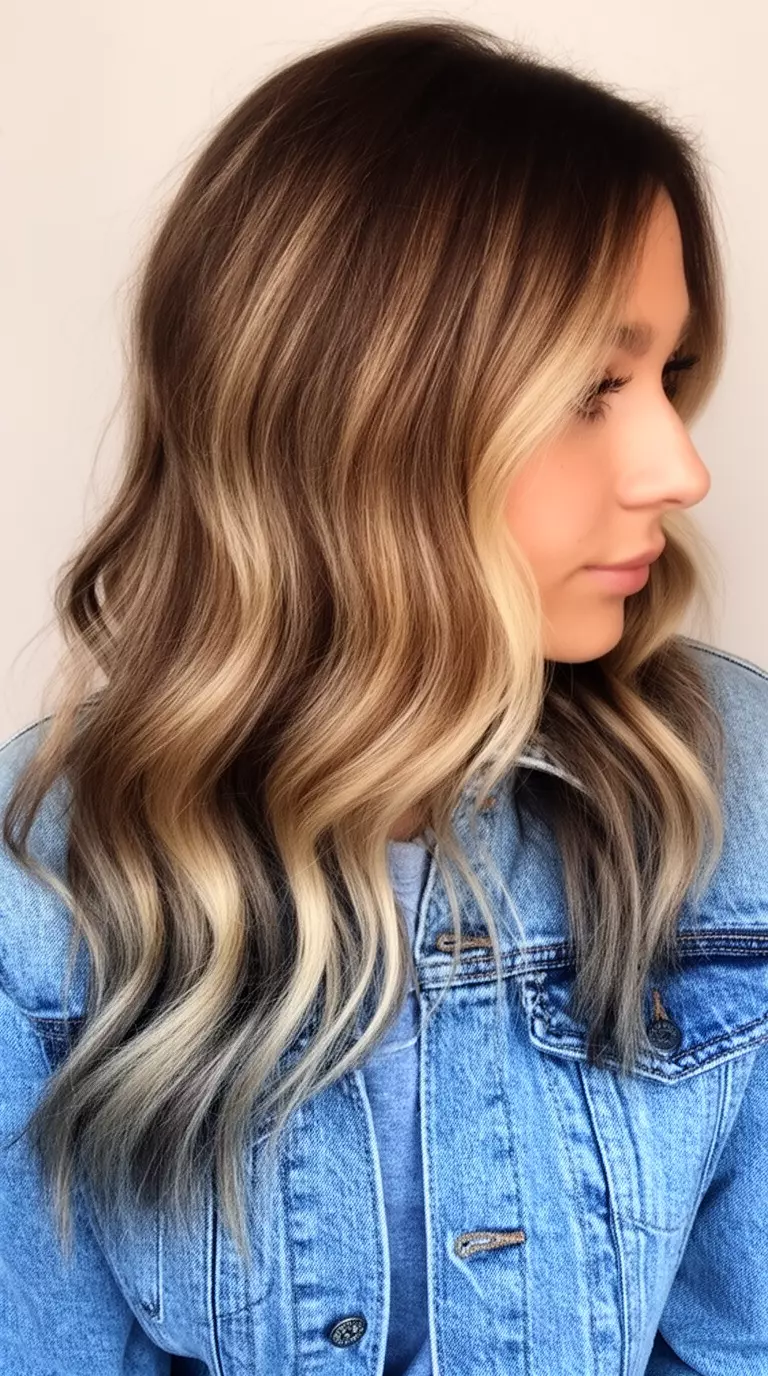 casual close-up photo of a 29-year-old woman wearing a denim jacket with a Denim Blue Cool Brunette colored long wavy hairstyle with blonde highlights, side profile view, minimal background