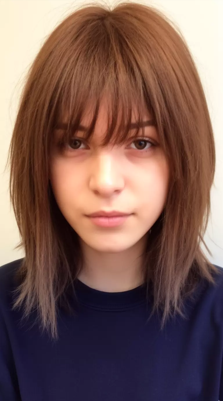 casual close-up photo of a 25-year-old woman wearing a dark top with a Muted Walnut colored medium-length hairstyle with piecey bangs, front view, minimal background