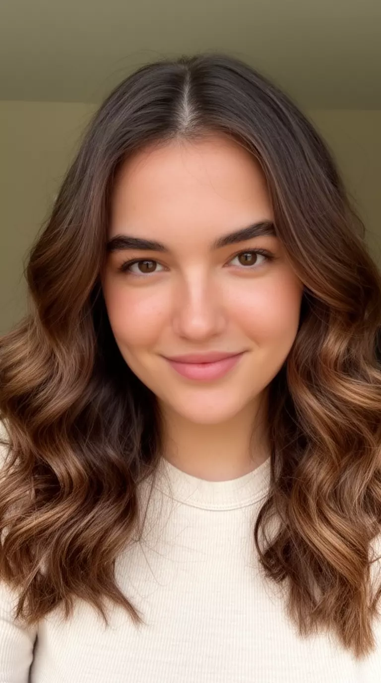 casual close-up photo of a 29-year-old woman wearing a neutral top with a Brown Sugar Brunette colored medium brown wavy hairstyle, close-up view, minimal background