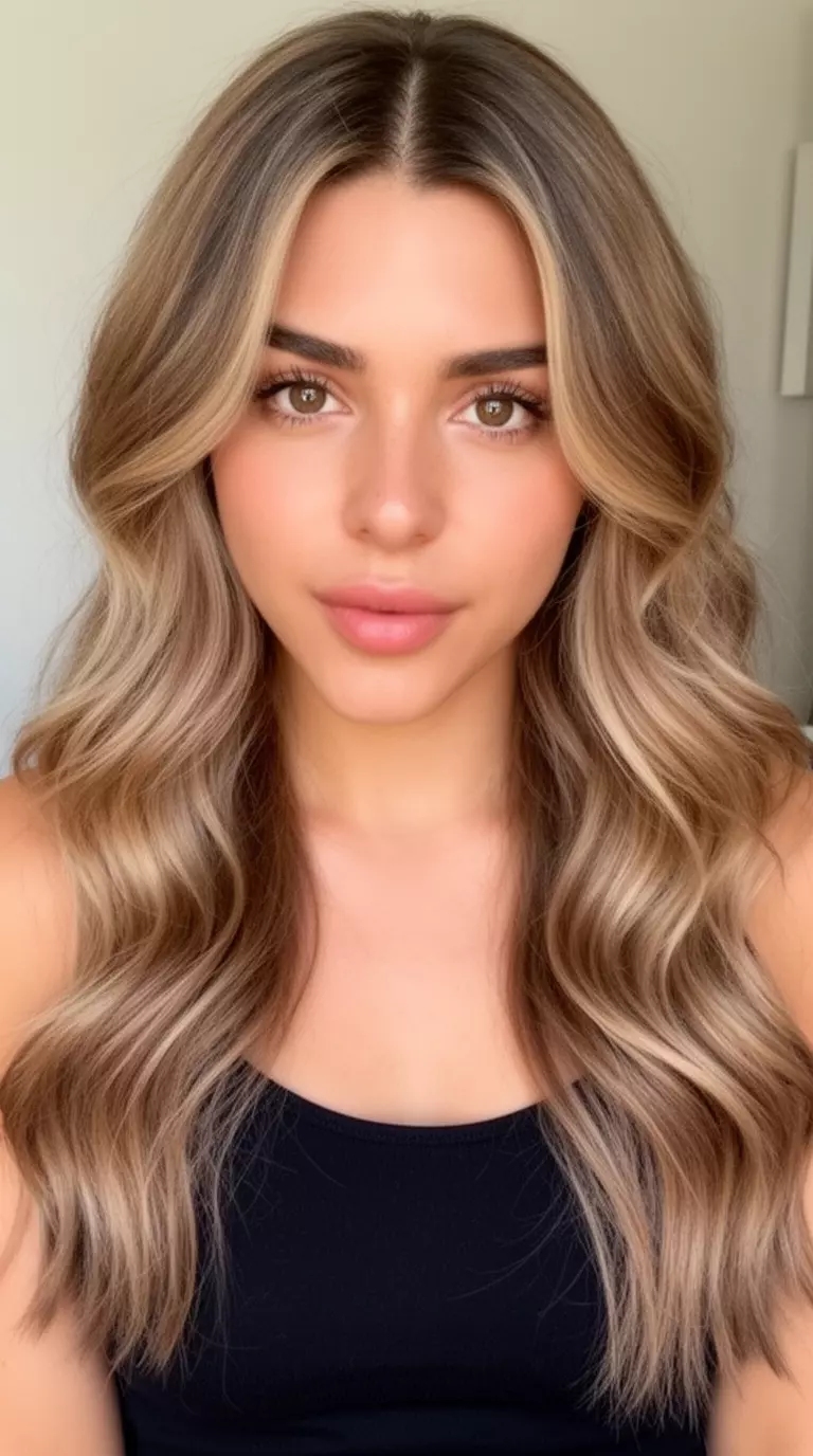 casual close-up photo of a 26-year-old woman wearing a black tank top with a Light Mocha Glow colored long wavy hairstyle with highlights, front view, minimal background