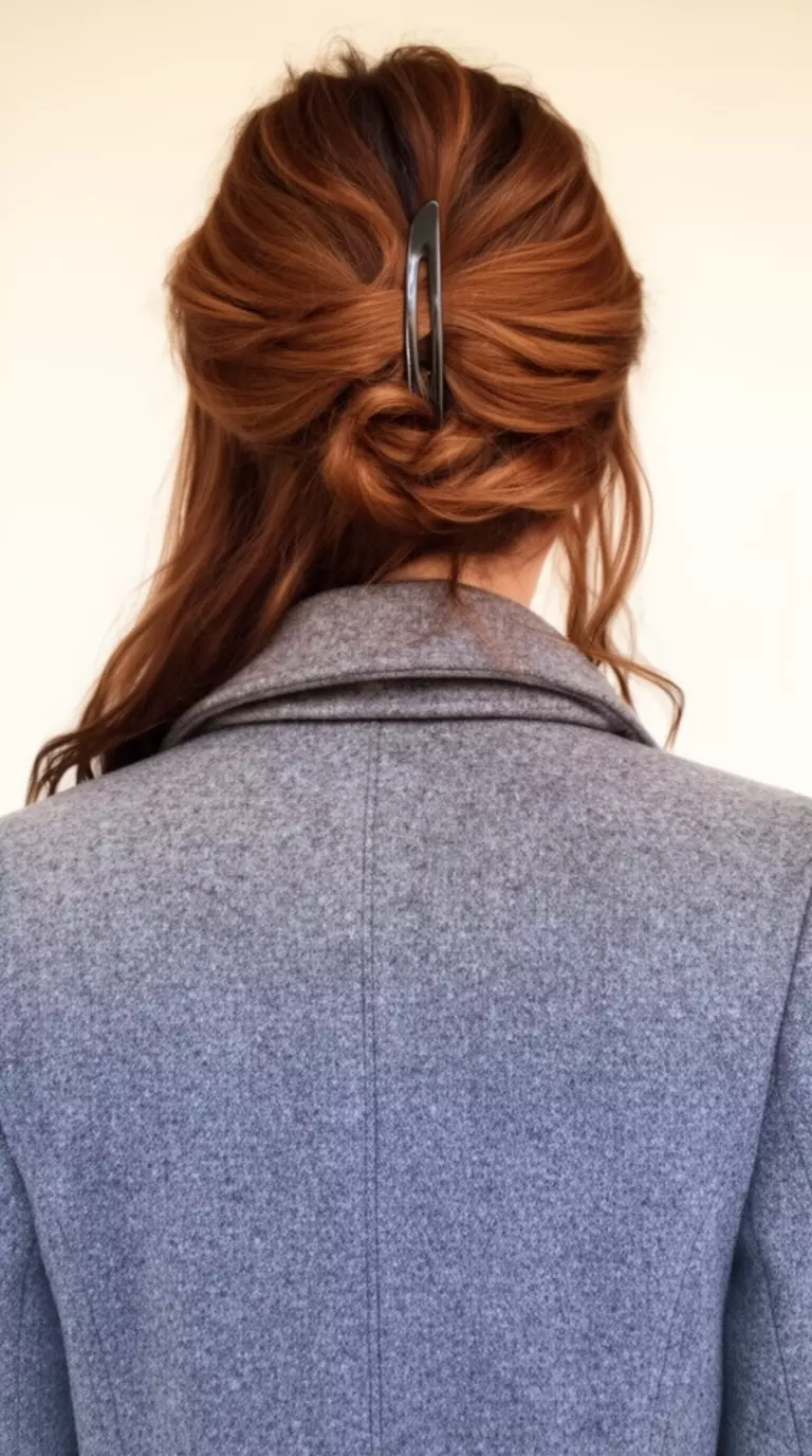 casual close-up photo of a 32-year-old woman wearing a grey coat with a Nutmeg Brunette colored half-up hairstyle with a clip, back view, minimal background