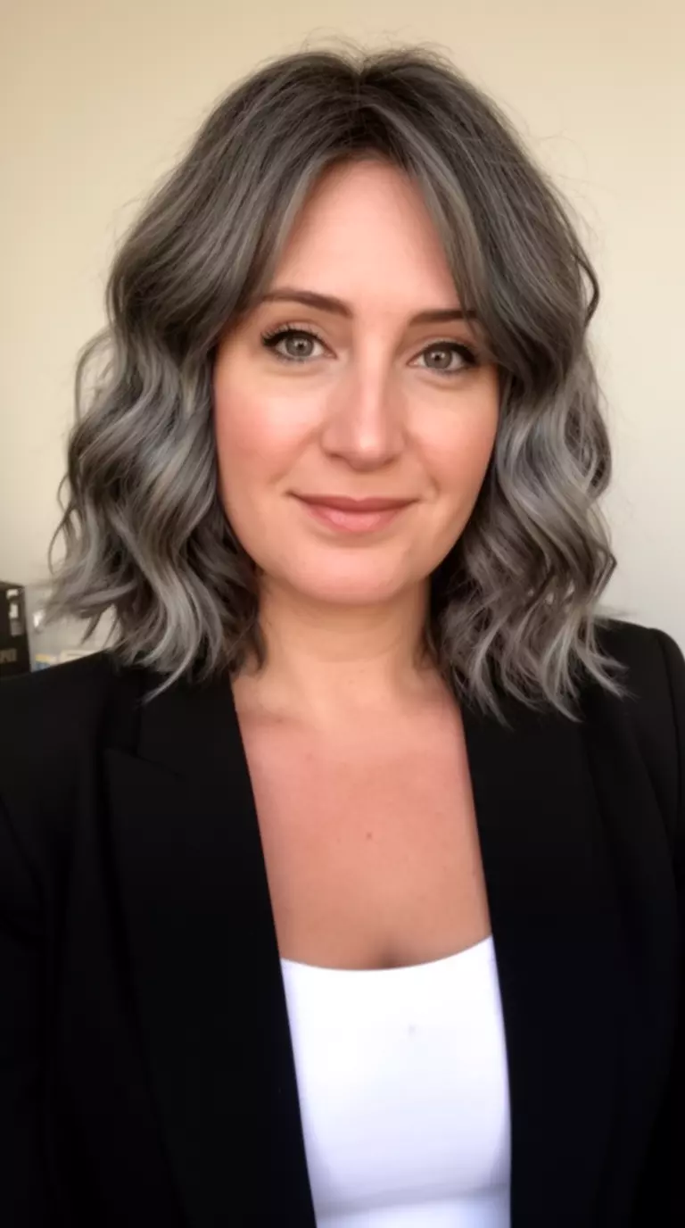 casual close-up photo of a 35-year-old woman wearing a black blazer over a white top with a Soft Obsidian colored chin-length wavy hairstyle, front view, minimal background