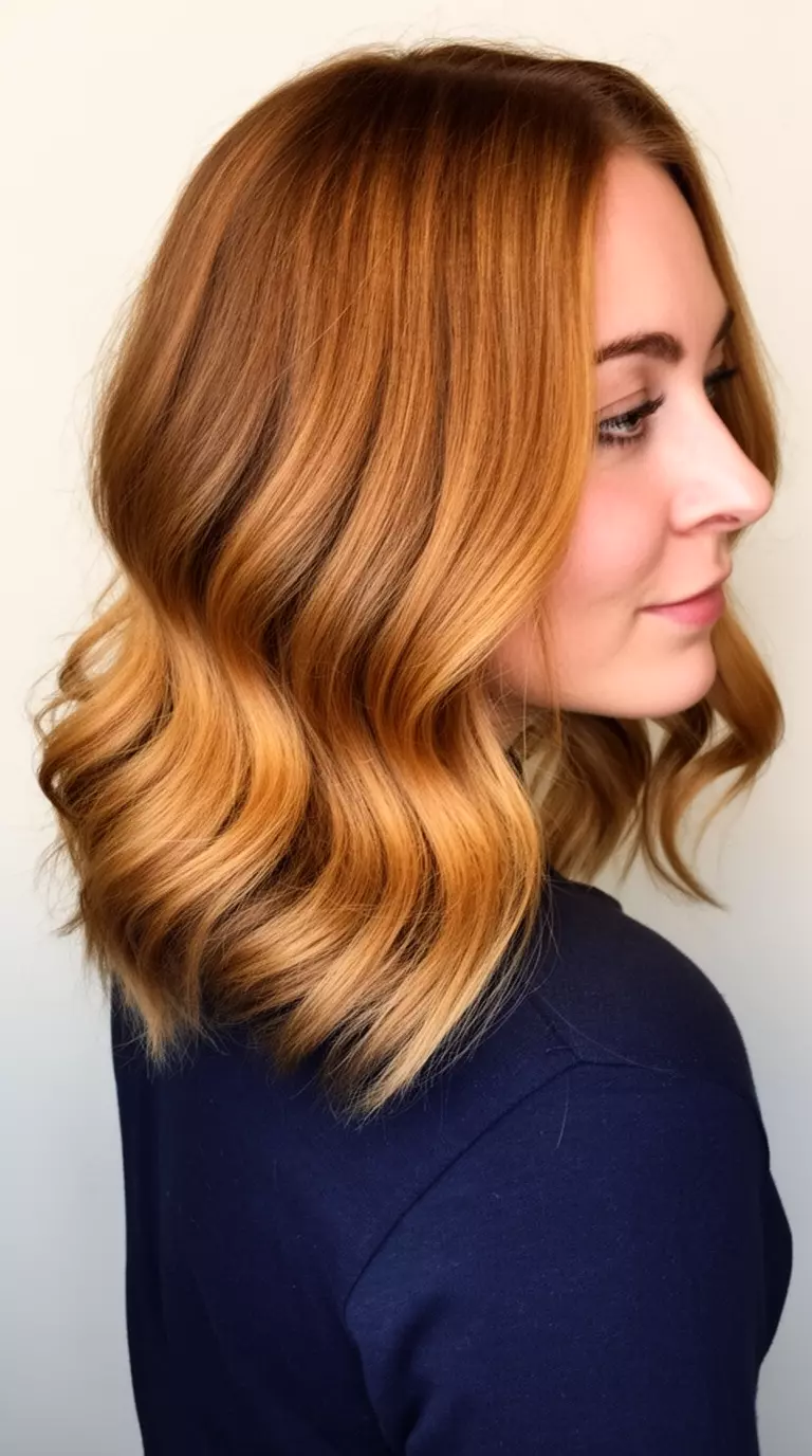 casual close-up photo of a 31-year-old woman wearing a dark top with a Caramel Ribbon Ombre colored wavy three-quarter profile hairstyle, three-quarter profile view, minimal background