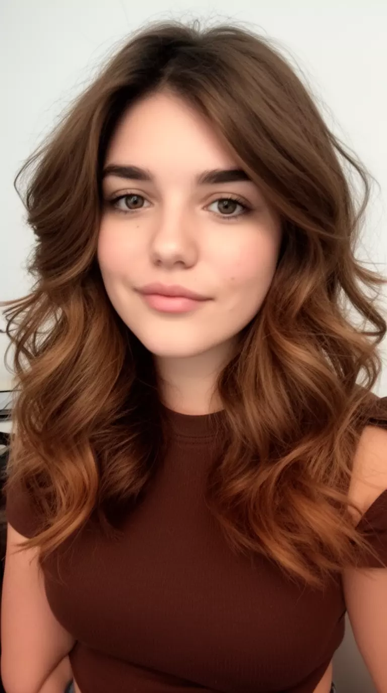 casual close-up photo of a 27-year-old woman wearing a dark brown top with a Caramel Swirl colored voluminous brown hairstyle, front three-quarter view, minimal background