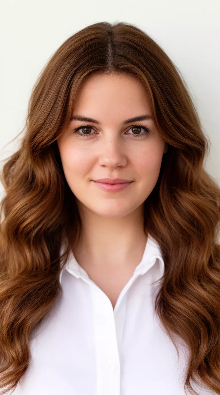 casual close-up photo of a 36-year-old woman wearing a white collared shirt with a Classic Brown colored long wavy hairstyle, front view, minimal background