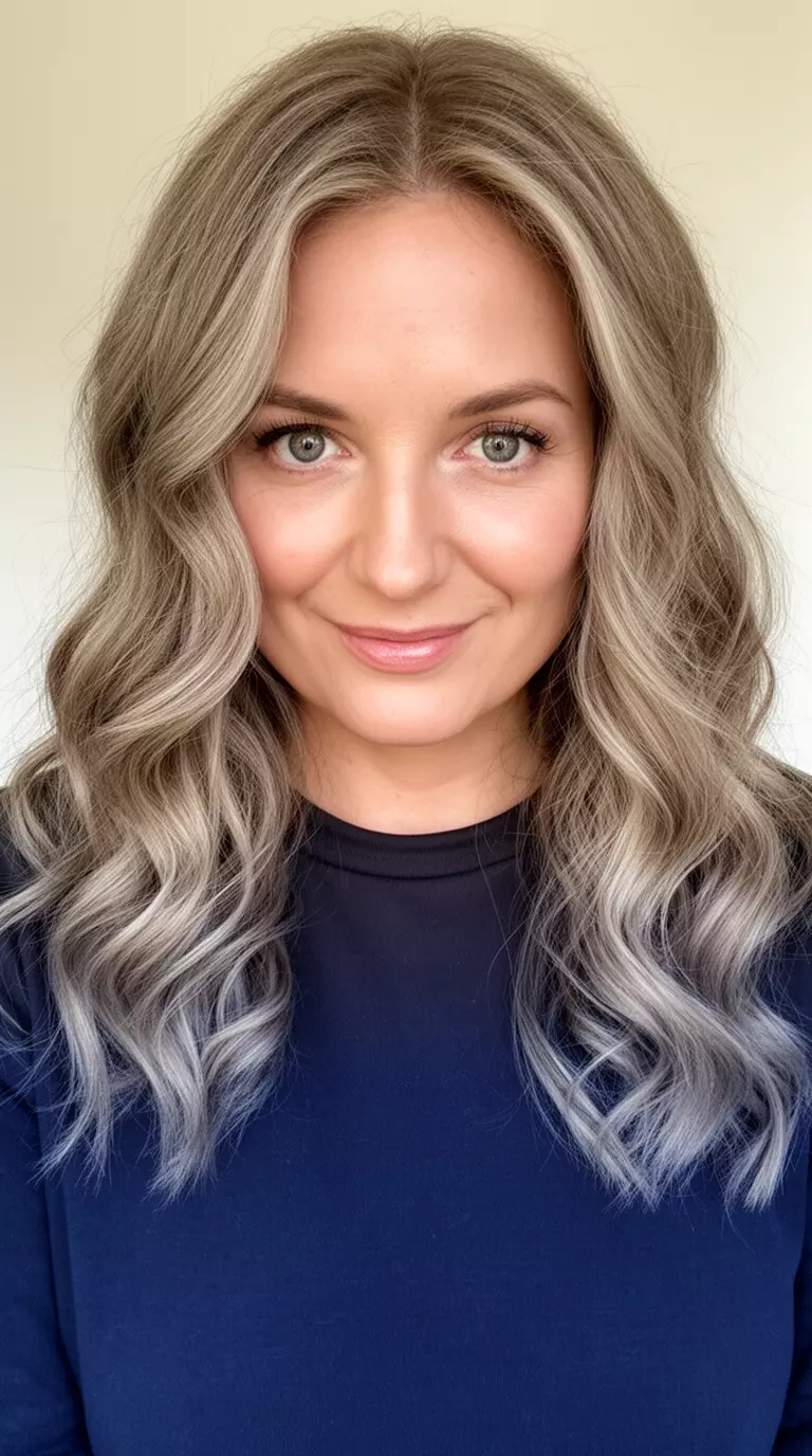 casual close-up photo of a 34-year-old woman wearing a dark top with a Soft Ash Bronde colored wavy hairstyle, close-up view, minimal background