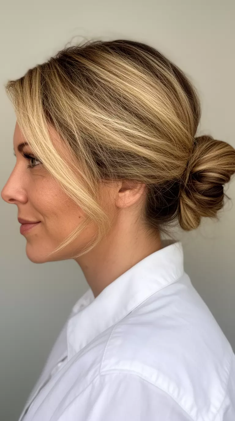 casual close-up photo of a 38-year-old woman wearing a white collared shirt with a Blonde Face-Framed Brunette colored low bun hairstyle, side profile view, minimal background