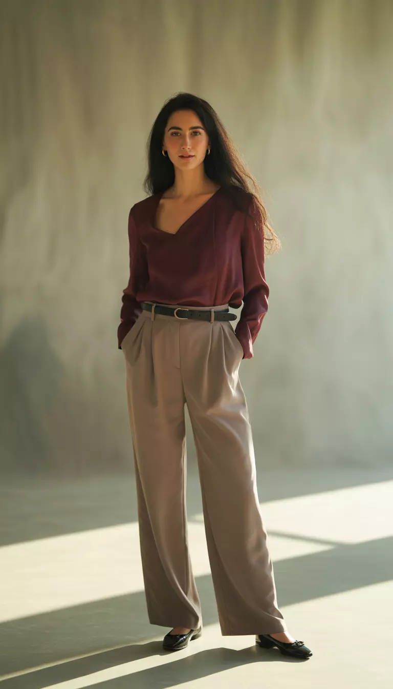 A beautiful woman in a merlot asymmetrical-neck blouse, taupe wide-leg crepe trousers, black ballet flats, and a leather belt.