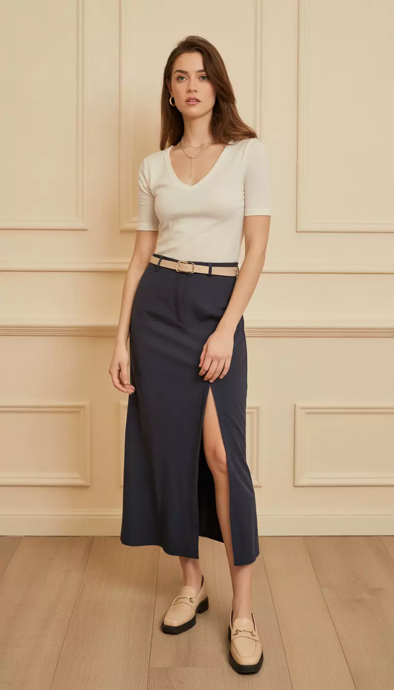 A beautiful woman in a cream v-neck top, a navy low-rise midi skirt with a side slit, nude leather loafers, and a slim leather belt.
