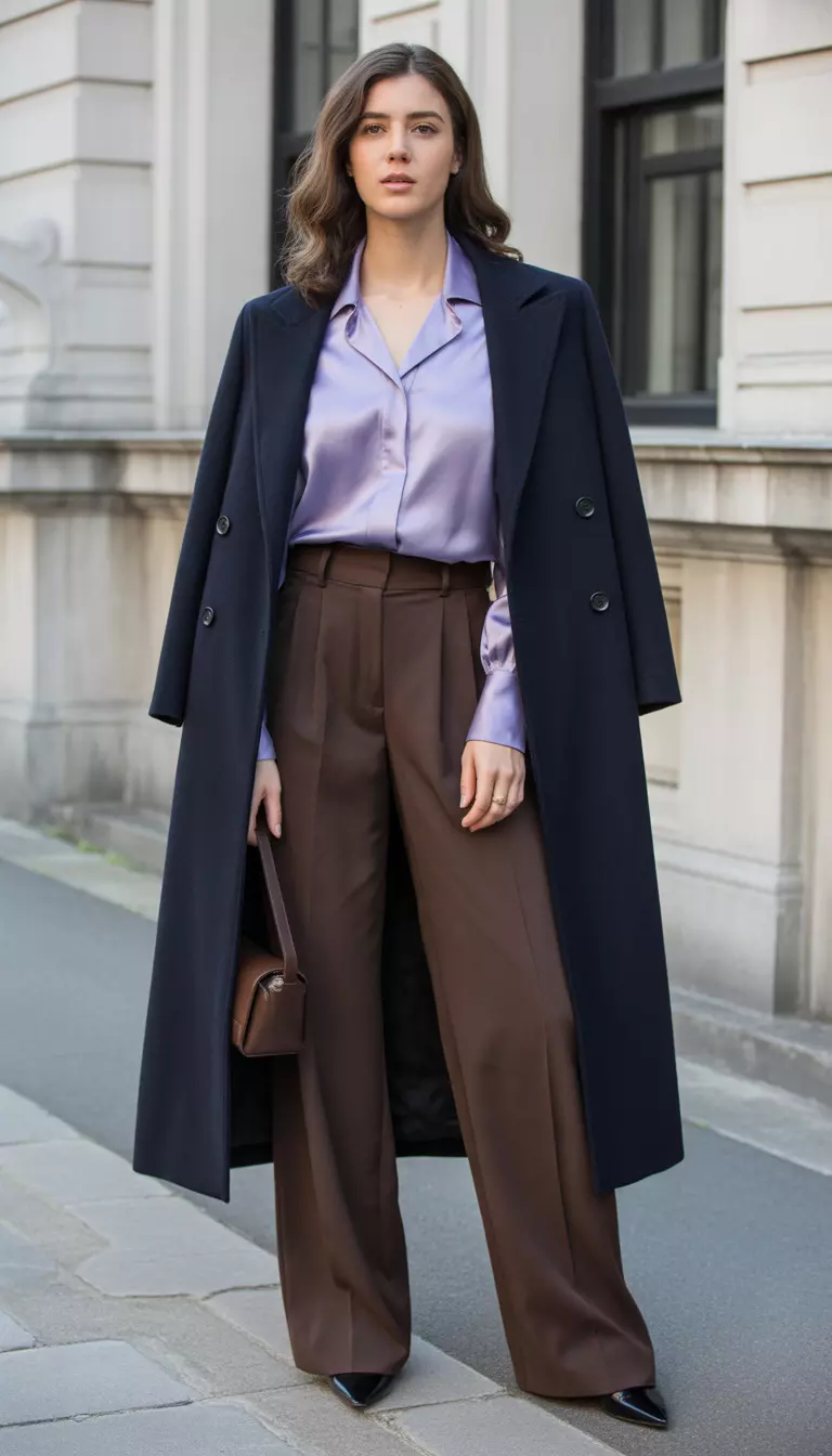 A beautiful woman in chocolate brown wide-leg twill trousers, a lavender silk blouse, a navy double-breasted wool-blend coat, and black leather pumps.
