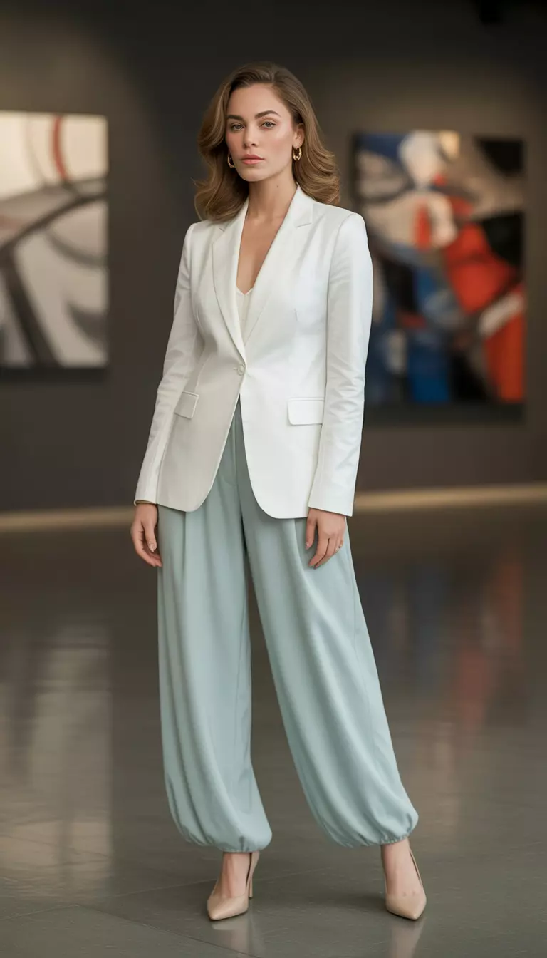 A beautiful woman in a white ponte blazer, pastel mint balloon pants, nude pointed-toe heels, and minimal gold earrings.