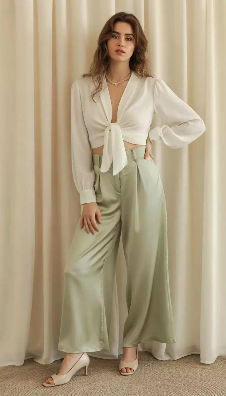 A beautiful woman in an ivory tie-neck blouse, wide-leg soft green satin pants, neutral kitten heels, and a beaded necklace.
