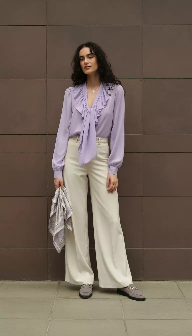 A beautiful woman in a lavender georgette tie-neck ruffle blouse, ivory wide-leg trousers, gray suede loafers, and a printed silk scarf.