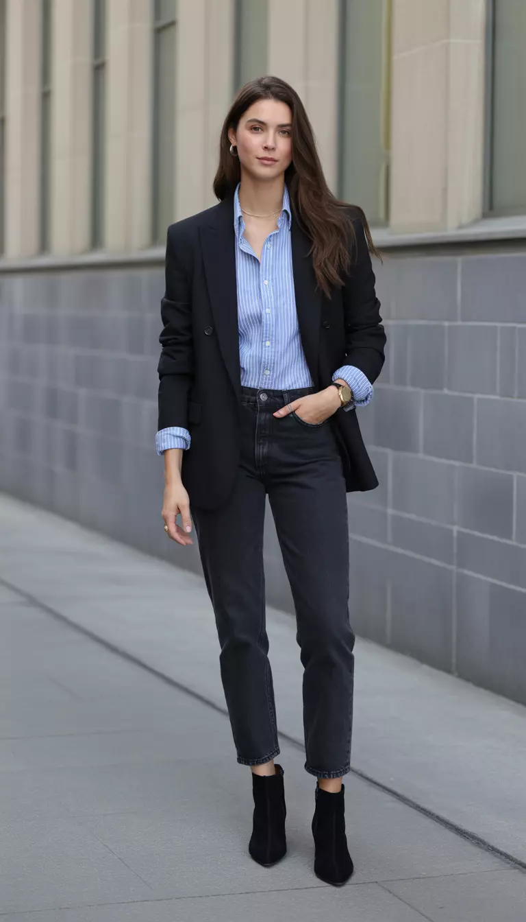 A beautiful woman in a black tailored blazer, a blue and white striped button-down shirt, dark wash straight-leg jeans, and black suede ankle boots.