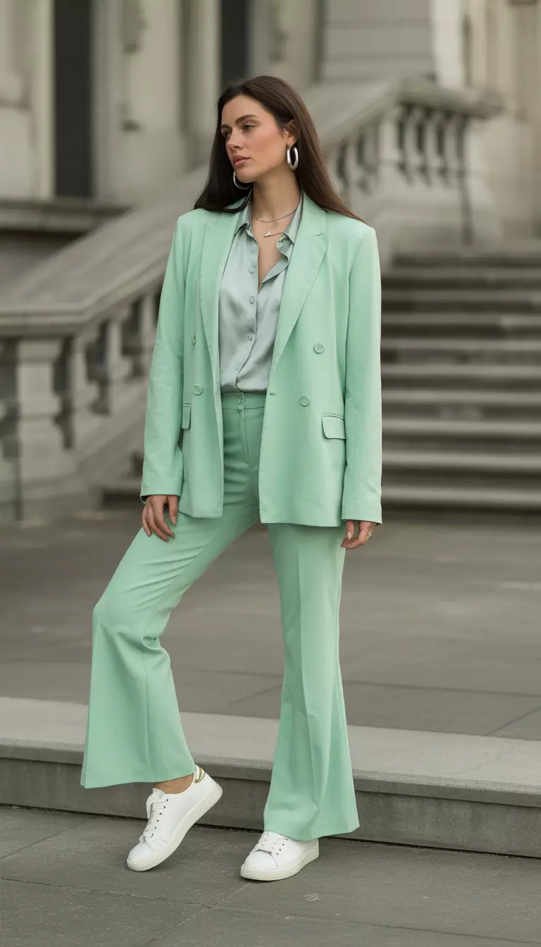 A beautiful woman in a mint green single-breasted blazer, matching mint flare pants, a mint silk blouse, and white leather sneakers with silver hoops.