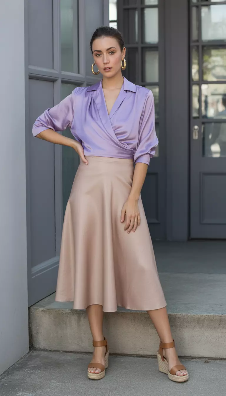 A beautiful woman in a lavender draped silk blouse, a nude a-line midi skirt, tan wedge sandals, and gold hoop earrings.