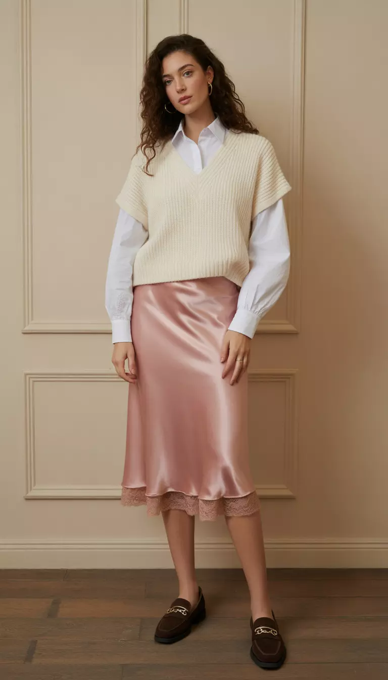 A beautiful woman in a soft pink satin skirt with lace trim, an ivory cashmere knit jumper, a white blouse, and dark brown suede loafers.