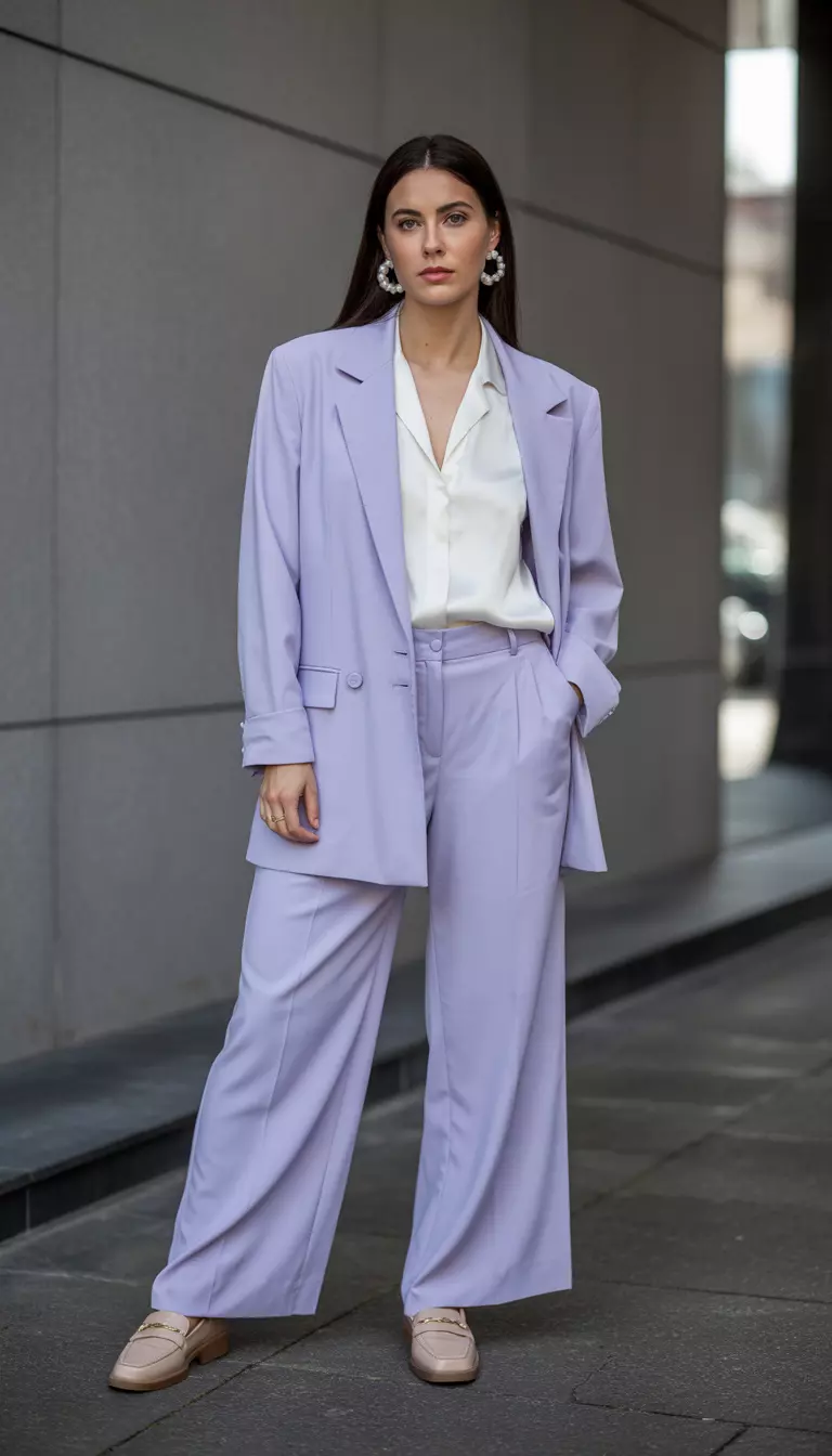 A beautiful woman in a lightweight lavender blazer, matching lavender wide-leg trousers, a white silk blouse, nude leather loafers, and oversized pearl earrings.
