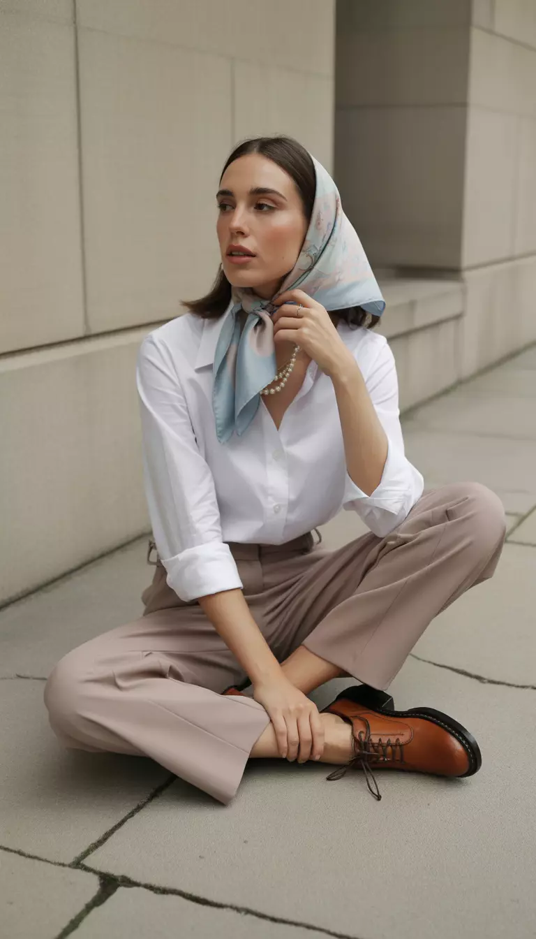 A beautiful woman in a white button-down shirt, a pastel blue silk scarf tied around her head, taupe trousers, oak brown leather derbies, and pearl earrings.