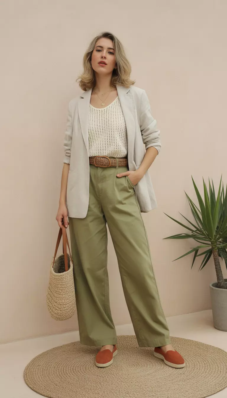 A beautiful woman in olive wide-leg trousers, a cream crochet tunic dress, a beige linen blazer, terracotta espadrilles, and a woven belt.