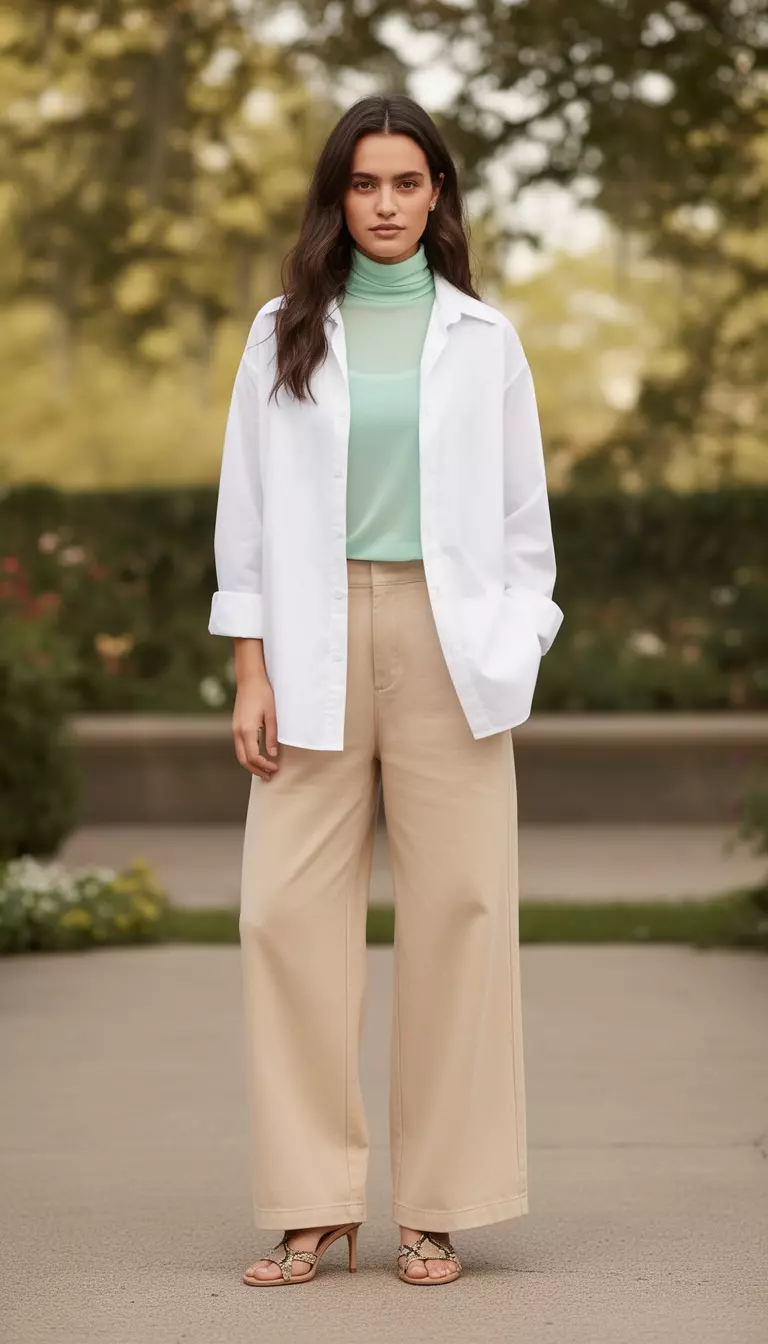 A beautiful woman in a mint tissue-thin turtleneck, a white cotton-poplin button-down shirt, beige wide-leg pants, and snake-effect nude sandals.