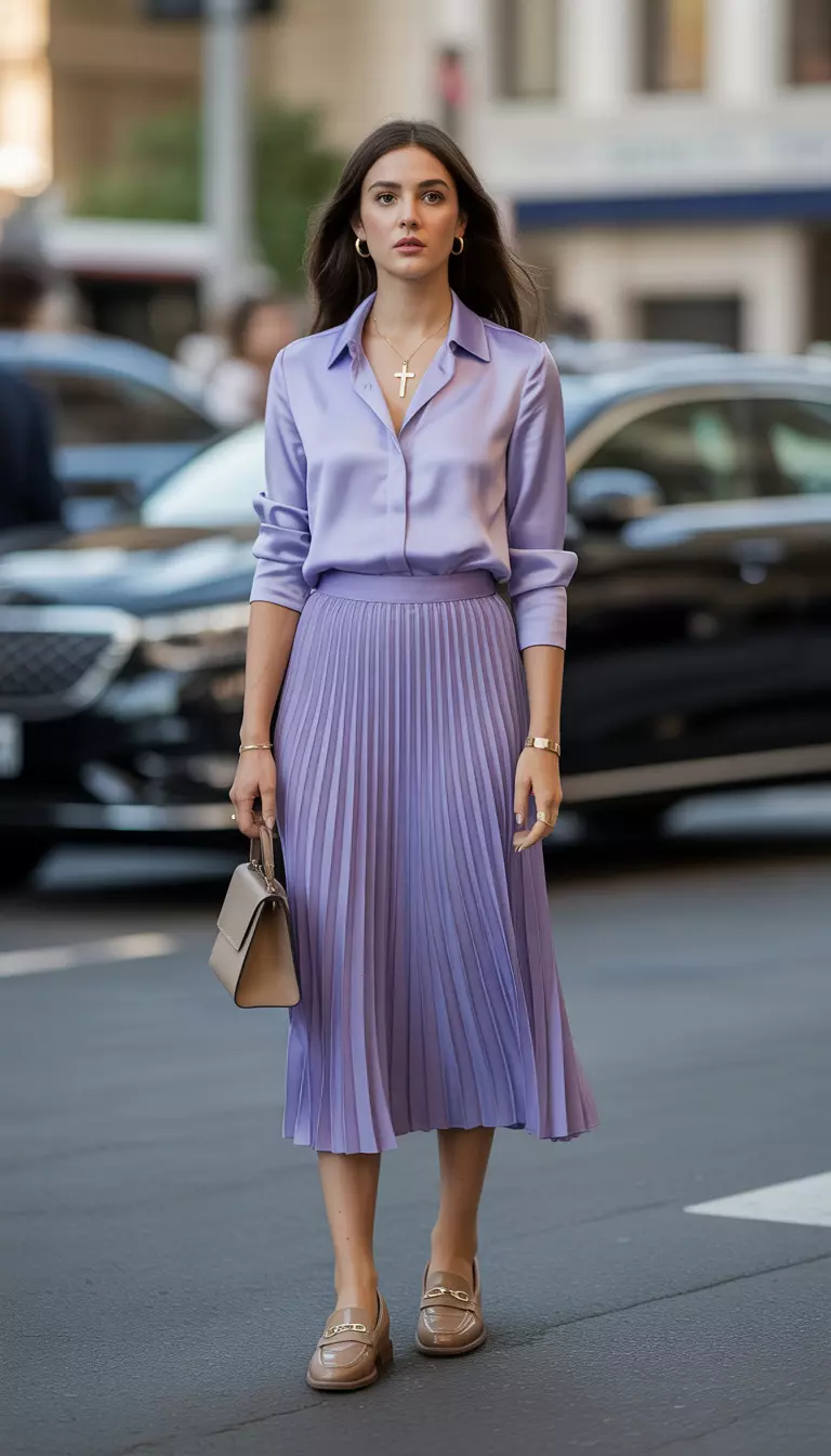 A beautiful woman in a lavender silk blouse, a matching lavender pleated midi skirt, tan loafers, a gold cross necklace, and a structured handbag.