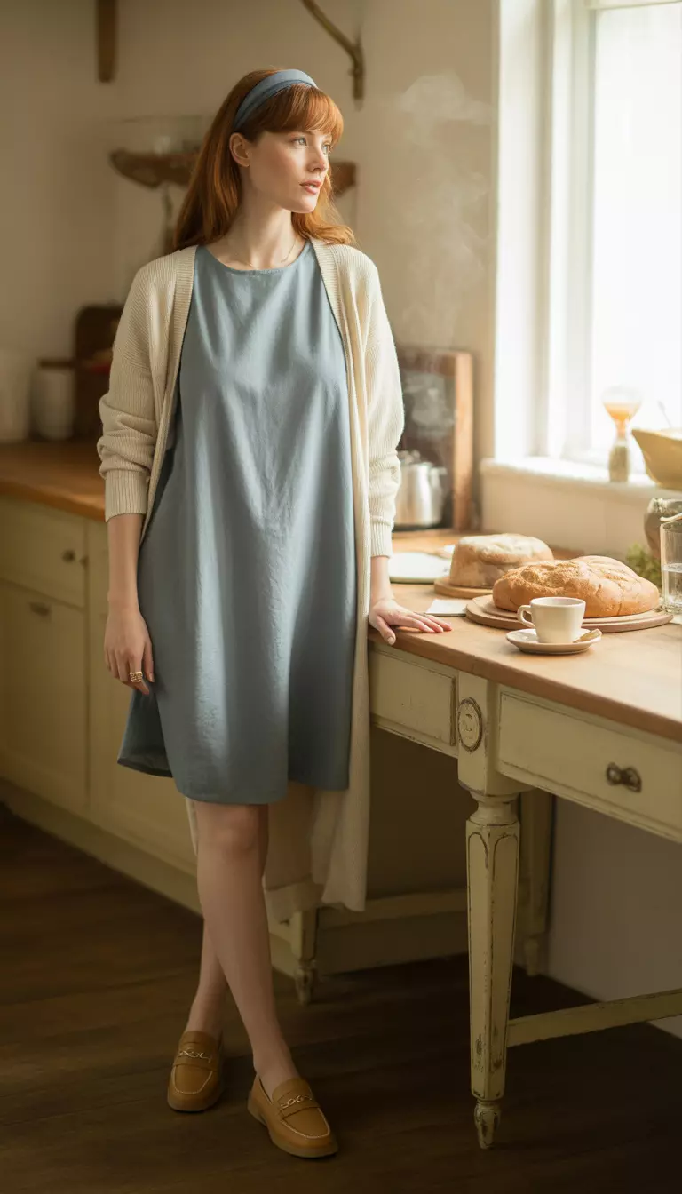 A beautiful woman in a dusty blue shift dress, a cream cardigan, tan loafers, and a blue headband.