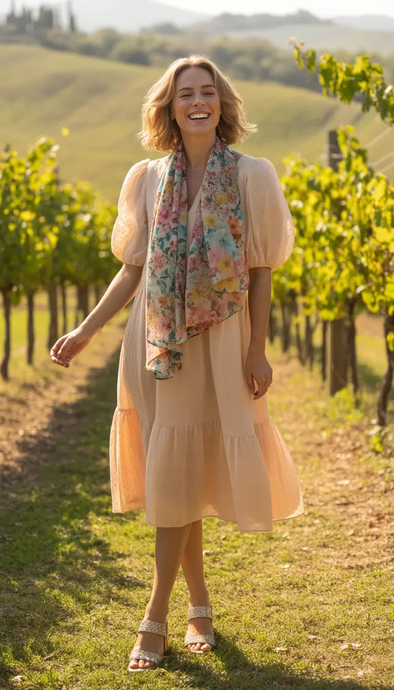 A beautiful woman in a light peach A-line dress with puffed sleeves, metallic sandals, and a colorful floral scarf.