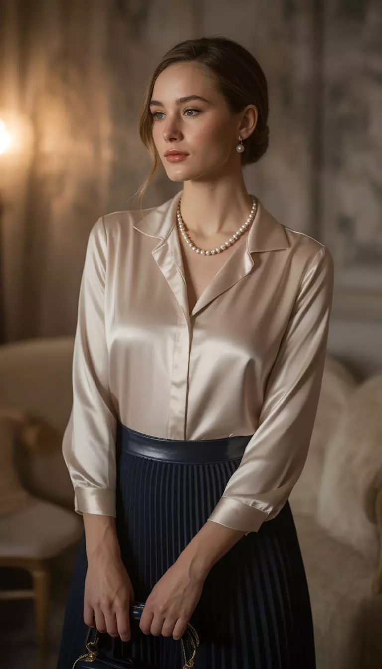 A beautiful woman in a champagne silk blouse, a navy pleated skirt, navy pumps, and a pearl necklace.