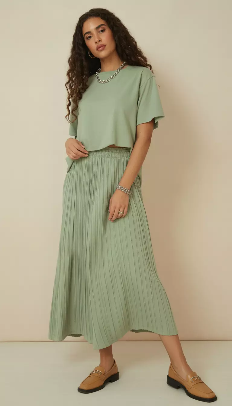 A beautiful woman in a sage green maxi skirt, a matching sage green tunic top, tan loafers, and a silver chain bracelet.