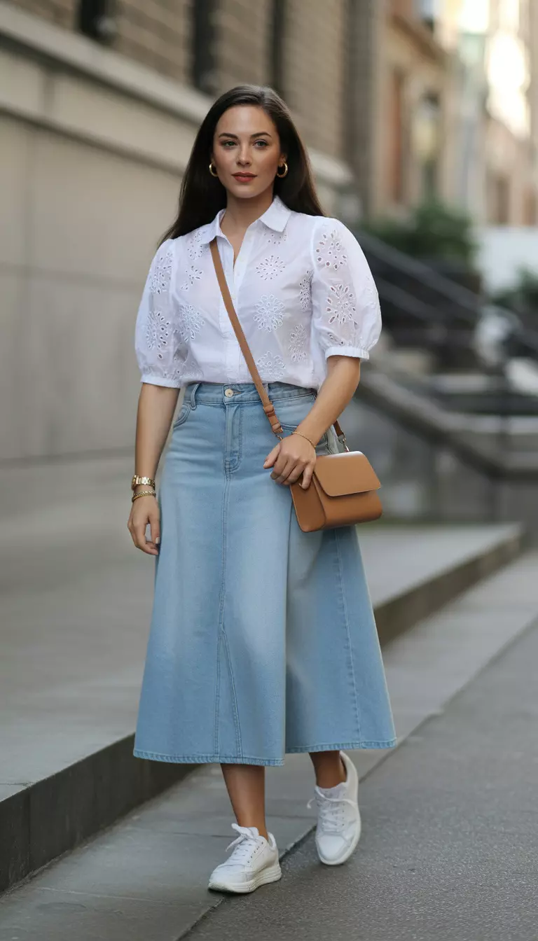 A beautiful woman in a baby blue denim midi skirt, a white eyelet blouse, white sneakers, and a tan crossbody bag.