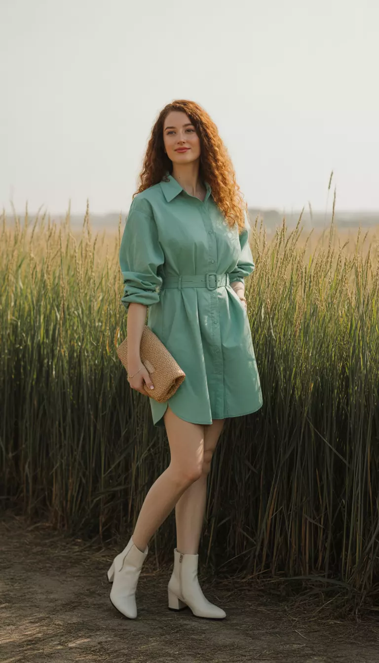 A beautiful woman in a belted mint green cotton shirt dress, white low-heel ankle boots, and a straw clutch.