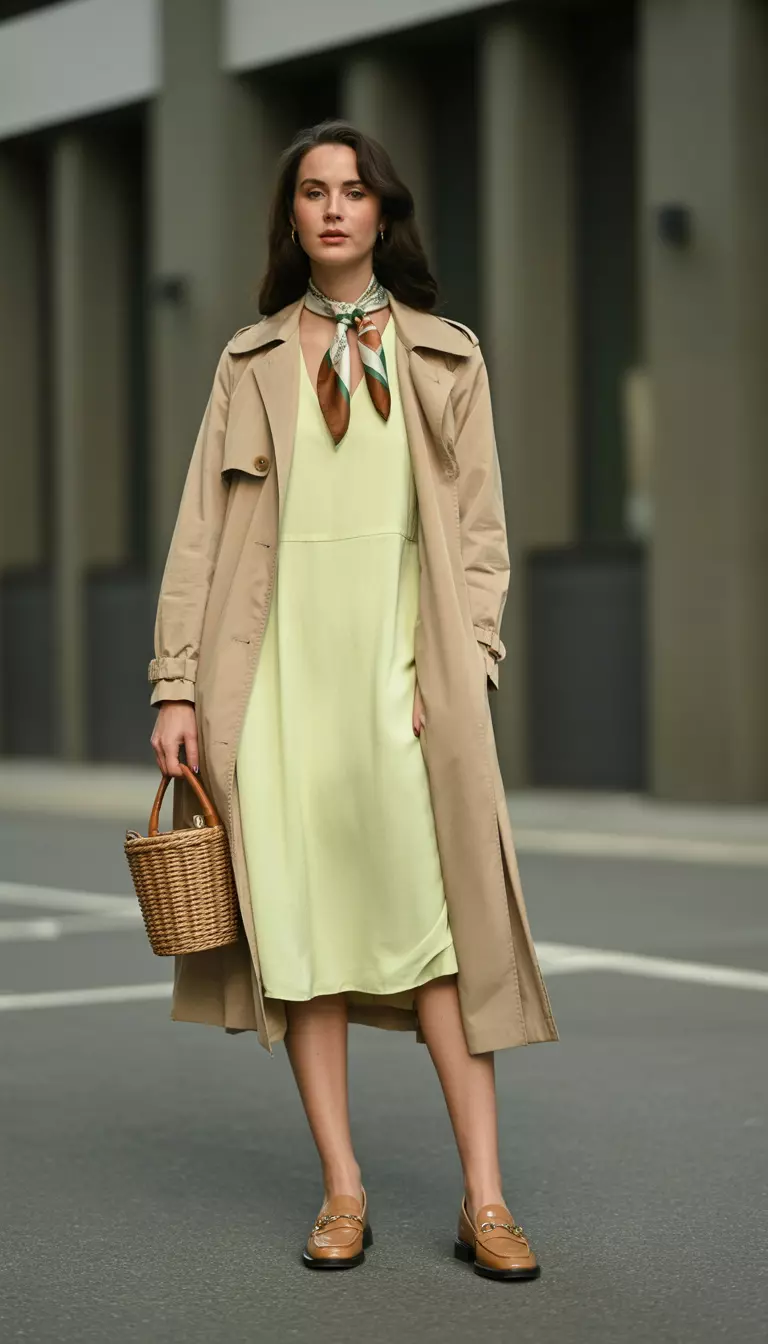A beautiful woman in a beige lightweight trench coat, a pale yellow dress, tan loafers, and a silk neck scarf.