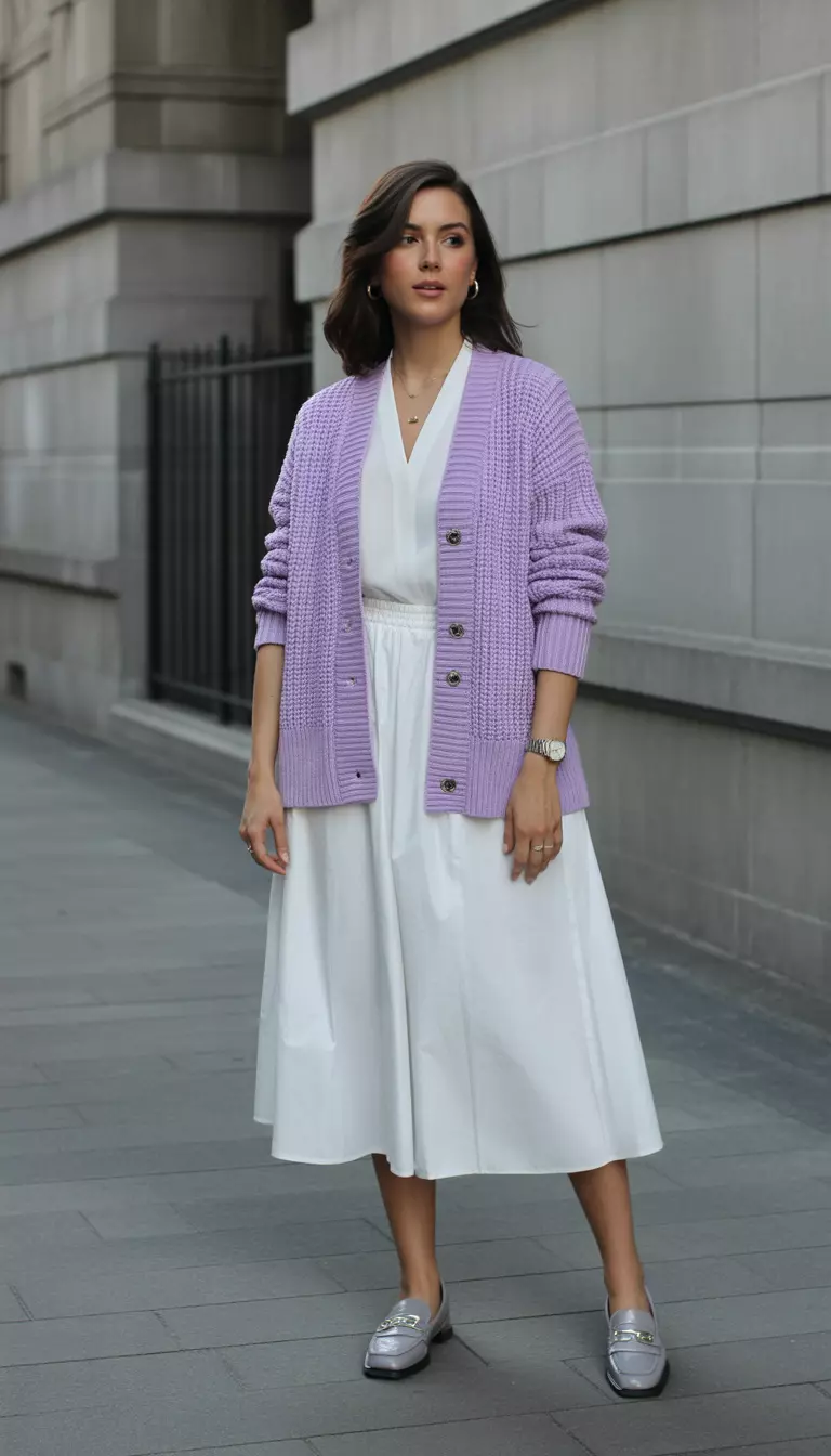 A beautiful woman in a lilac lightweight cardigan, a white blouse, a white midi skirt, gray loafers, and a silver watch.