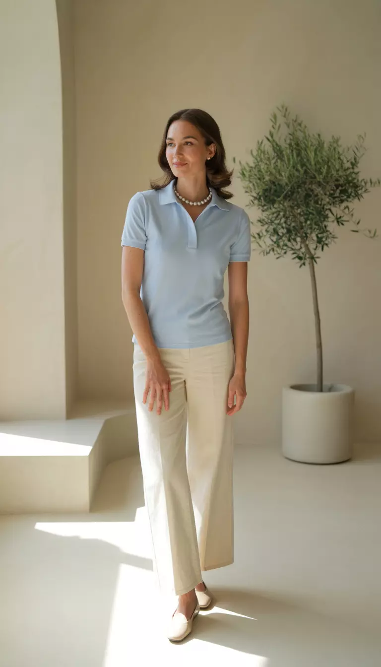 A beautiful woman in a powder blue polo shirt, cream wide-leg pants, ballet flats, and a pearl necklace.