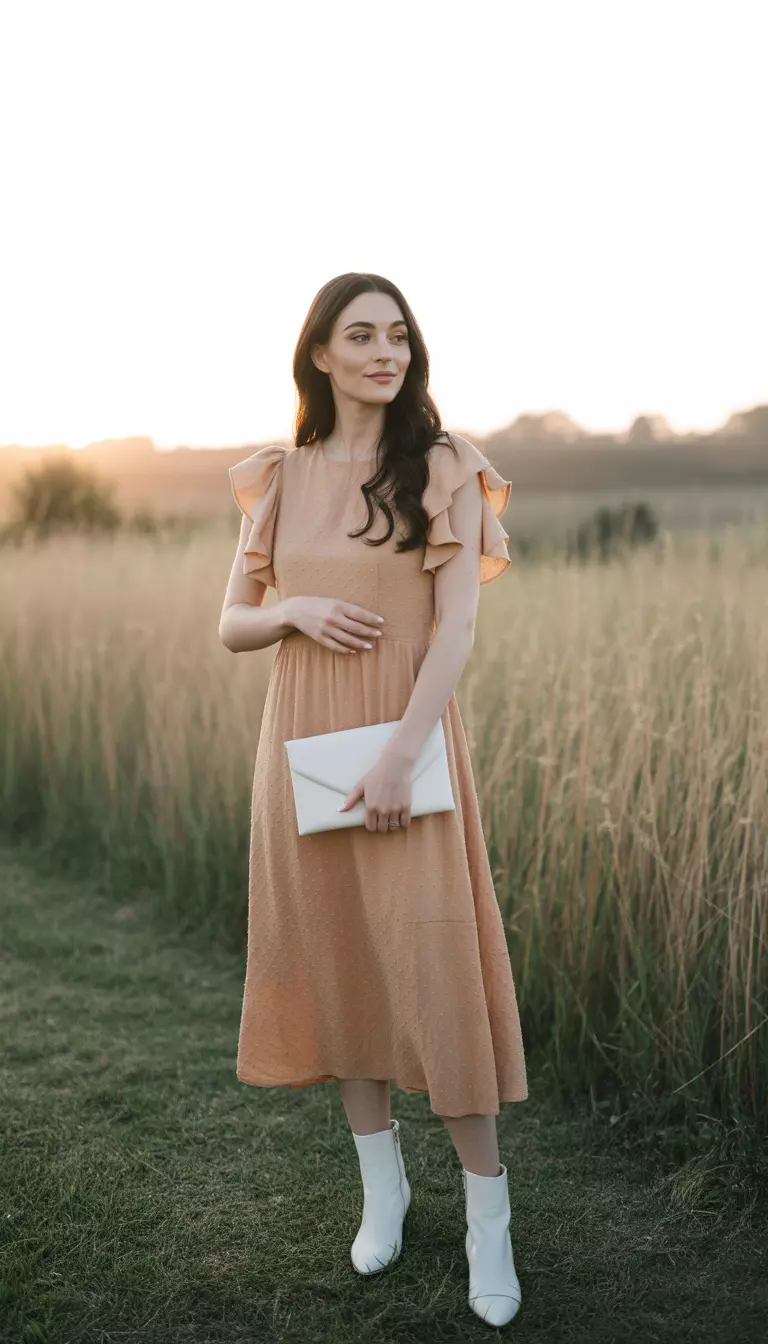 A beautiful woman in an apricot midi dress with ruffle sleeves, white ankle boots, and a white clutch.