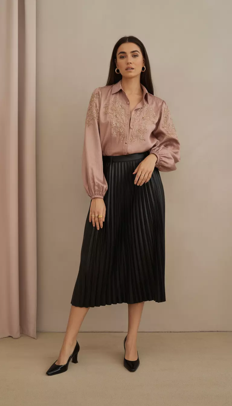 A beautiful woman in a rose gold embroidered blouse, a black pleated skirt, black low heels, and minimalist gold rings.