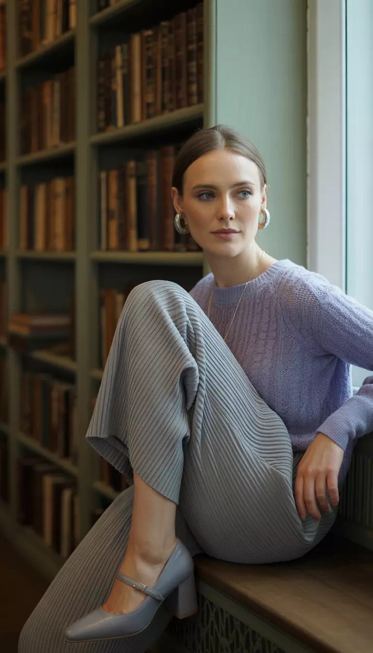 A beautiful woman in soft grey pleated trousers, a lavender knit top, grey block heels, and silver stud earrings.