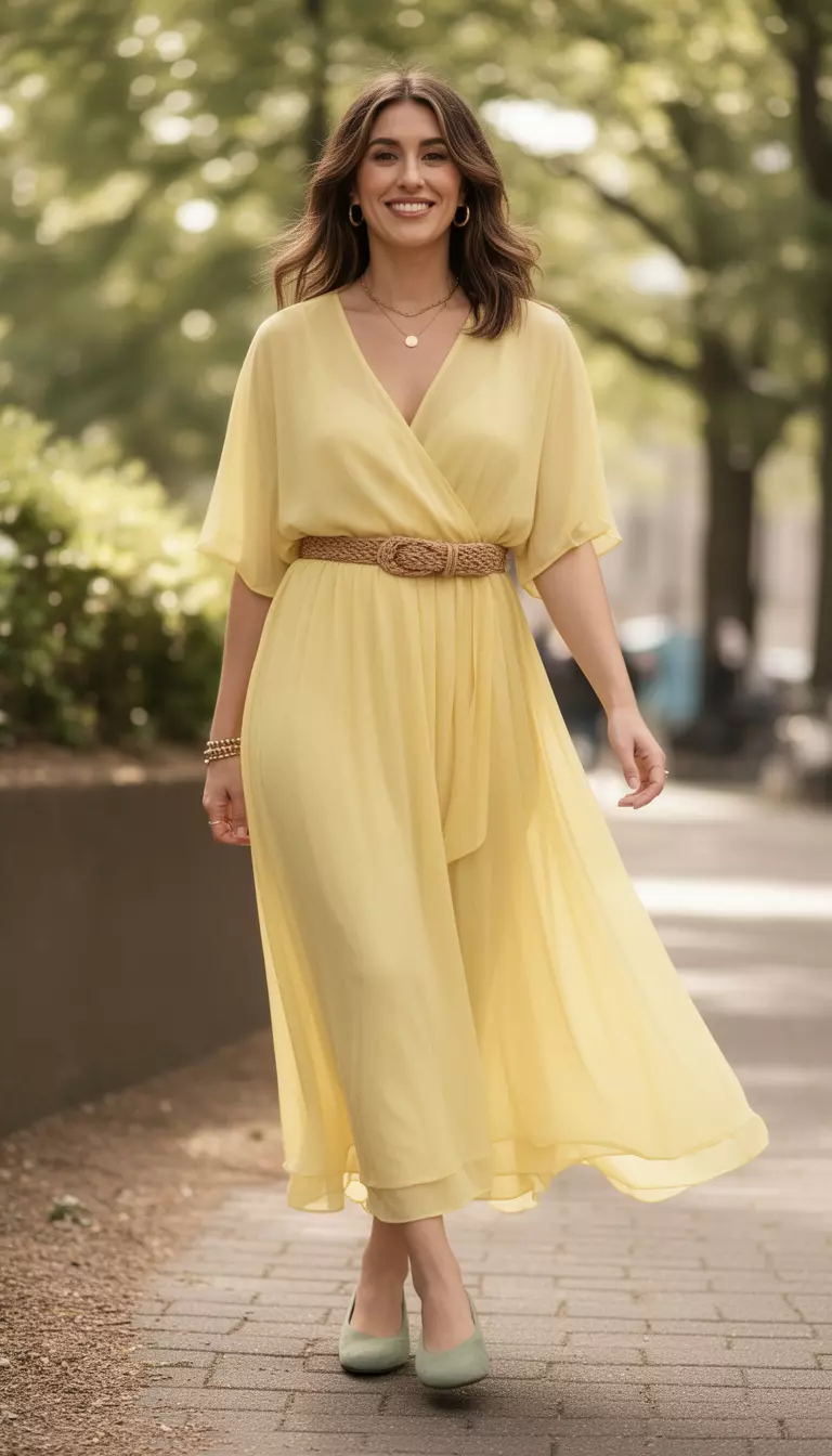 A beautiful woman in a soft yellow chiffon wrap dress, sage green flats, and a woven belt.