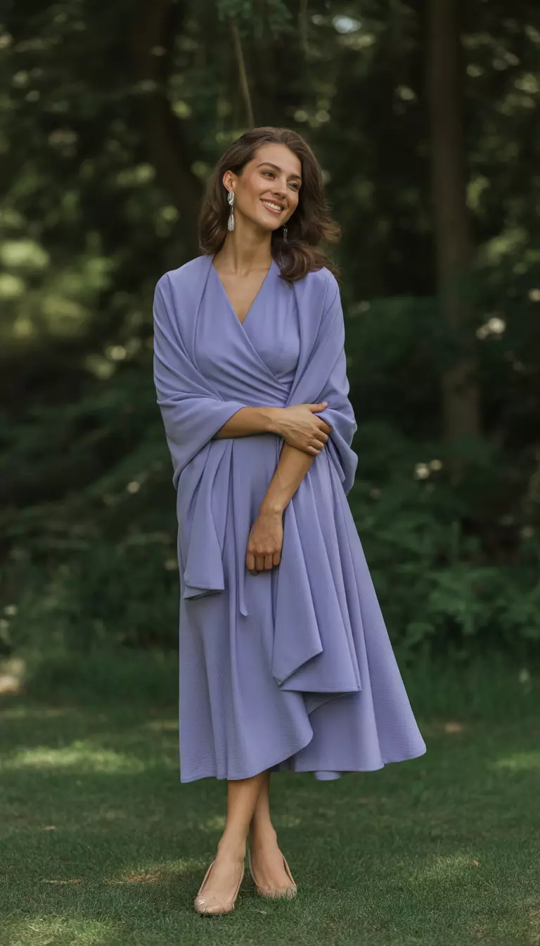 A beautiful woman in a periwinkle wrap midi dress, a matching periwinkle shawl, nude flats, and silver drop earrings.